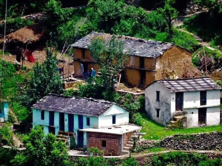 Mud houses made in ancient style in Uttarakhand which are also called Pahari Kudi